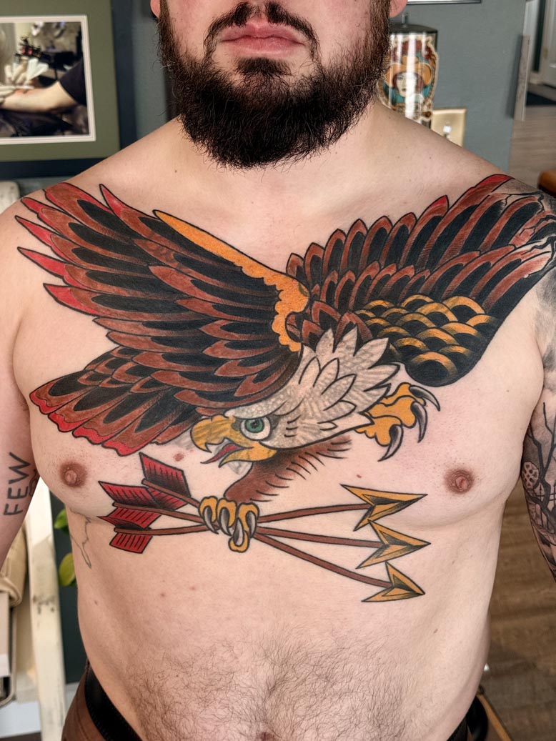 Colorful Bald Eagle Cartoon Style Chest Tattoo
