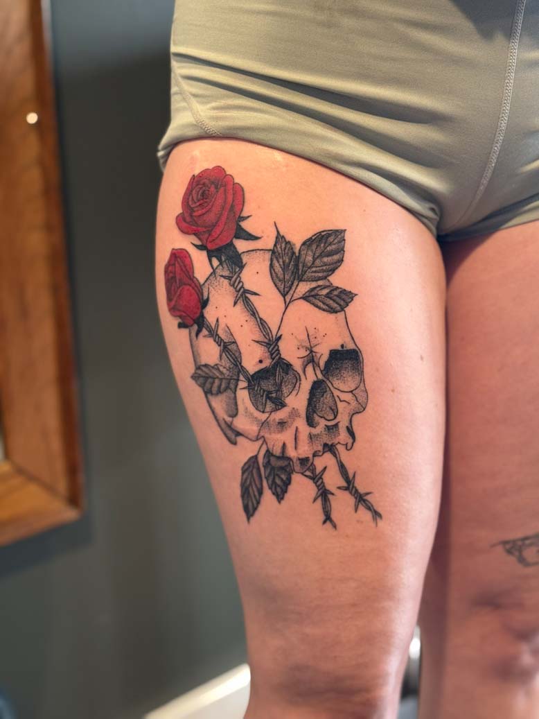 Black and Red Skull with Roses Tattoo