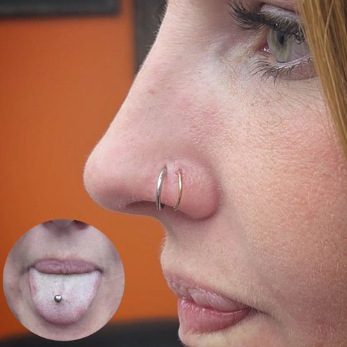 Close up of a double pierced nose with an inset photo of a tongue piercing